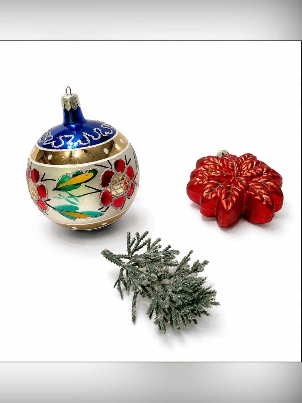 Set of 2 Beautiful Quality Ornaments Poinsettia and Vintage Bronner's Ball